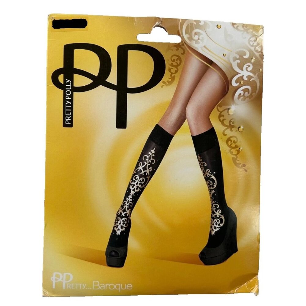 Pretty Polly Women's Designer Embellished Knee Highs Socks Black Gold OS NWT